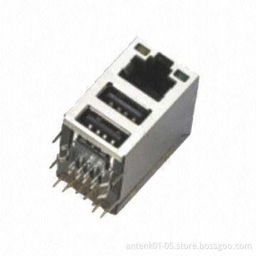 RJ45 Dual-USB Connector with RJ45 Plug Socket Combo USB Jack Adapter, PCB Panel Mount or Wall-type
